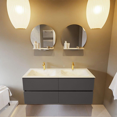 Mondiaz VICA-DLUX ensemble de meuble de salle de bain - 120cm - meuble sous-vasque gris foncé - 4 tiroirs - lavabo encastré cloud double - 2 trous de robinet - version haute de 60cm - opalo