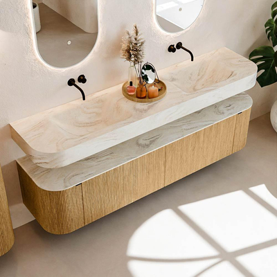 MONDIAZ THOR-DLUX Meuble de salle de bains - 190cm - arrondi gauche + droite - couleur Oak - 2 tiroirs et 2 portes - Vasque suspendue CLOUD Double sans trou de robinet - couleur Ostra