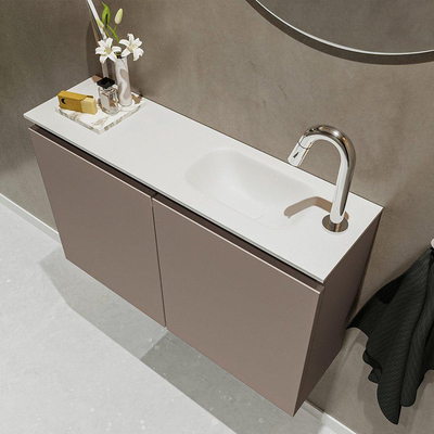 MONDIAZ TURE Toiletmeubel 80x23x50cm met 1 kraangaten 2 deuren smoke mat Wastafel Eden rechts Solid Surface Wit