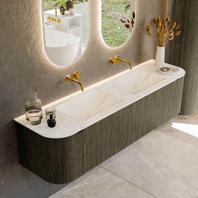 Mondiaz KURVE-DLUX Ensemble de meuble de salle de bains - 170x46x40cm - 1 tiroir - 2 portes - lavabo solid surface - double - sans trou de robinet - Shadow