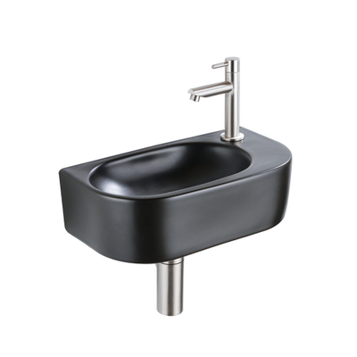 QeramiQ Fuente Fonteinset - 40x21.5x12cm - rechts - glad - halfrond - 1 kraangat - keramiek - fonteinkraan geborsteld rvs - afvoerplug - verlaagd sifon - zwart mat