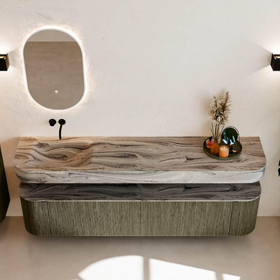 MONDIAZ THOR-DLUX 200cm meuble de salle de bains arrondi gauche + droite couleur Shadow avec 2 tiroirs et 2 portes. Vasque suspendue CLOUD Gauche sans trou de robinet couleur Sombra.