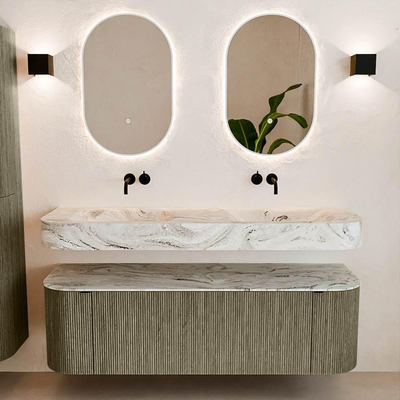 MONDIAZ THOR-DLUX 150cm badmeubel ronding links + rechts kleur Shadow met 1 lade en 2 deuren. Vrijhangende wastafel CLOUD Dubbel zonder kraangat kleur Glace.