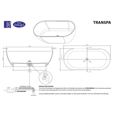 Best Design Color Transpa Blue vrijstaand bad 170x78x56cm