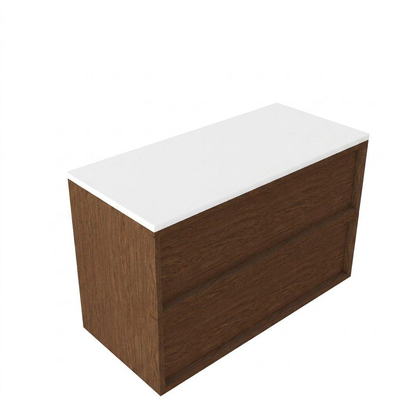 Saniclass Holz Frame Ensemble meuble de salle de bains - 100x45x62.5cm - plan de travail Torino en solid surface blanc - sans trou de robinetterie - 2 tiroirs - walnut pure mat (bois)