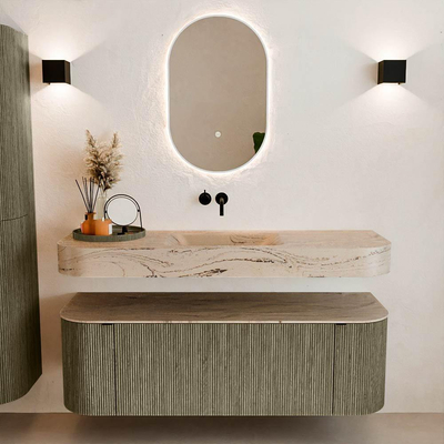 MONDIAZ THOR-DLUX 140cm meuble de salle de bains arrondi gauche + droite couleur Shadow avec 1 tiroir et 2 portes. Vasque suspendue CLOUD Milieu sans trou de robinet couleur Arena.