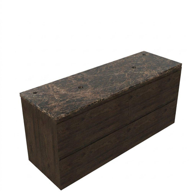 Saniclass Holz Pure Ensemble meuble de salle de bains - 140x45x63cm - Plan de travail en pierre naturelle Noche dark emperador - 2 trous de robinetterie - 4 tiroirs - chêne charcoal mat (bois)