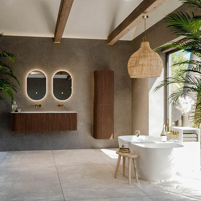 MONDIAZ KURVE-DLUX 145cm Meuble salle de bain avec module 25 G - couleur Walnut - 1 tiroir - 1 porte - vasque LEAF double / droite - sans trou de robinet - couleur Glace