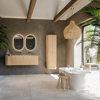MONDIAZ KURVE-DLUX Meuble de salle de bains 145 cm avec module 25 L couleur Oak avec 1 tiroir et 1 porte. Lavabo BIG LARGE à droite sans trou de robinet couleur Glace.