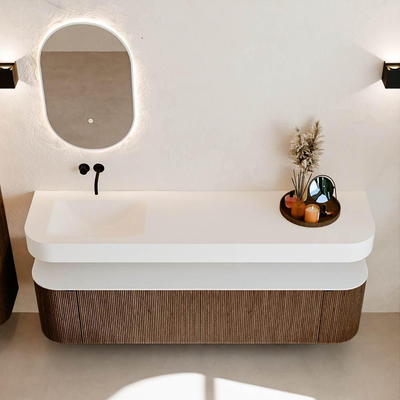 MONDIAZ THOR 180cm meuble de salle de bains arrondi gauche + droite couleur Walnut avec 2 tiroirs et 2 portes. Vasque suspendue CLOUD Gauche sans trou de robinet couleur Talc.