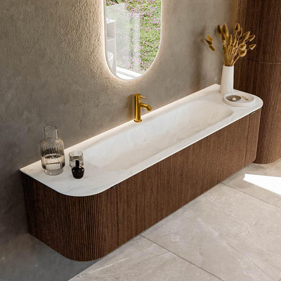 MONDIAZ KURVE-DLUX Meuble de salle de bains 170cm avec module 25 Len R couleur Walnut avec 1 tiroir et 2 portes. Lavabo BIG LARGE central 1 trou de robinet couleur Opalo.