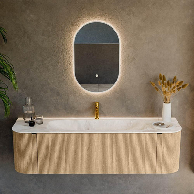 MONDIAZ KURVE-DLUX meuble de salle de bains 160 cm avec module 25 Len R couleur chêne avec 1 tiroir et 2 portes. Lavabo BIG MEDIUM central 1 trou de robinet couleur Frappe.