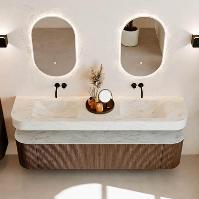 MONDIAZ THOR-DLUX Meuble de salle de bains - 190cm - arrondi gauche + droite - couleur Walnut - 2 tiroirs et 2 portes - Vasque suspendue CLOUD Double sans trou de robinet - couleur Opalo