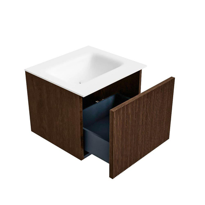 MONDIAZ KURVE Meuble de salle de bains 50 cm couleur Walnut avec 1 tiroir. Lavabo GRUNNE central 1 trou de robinet Talc.