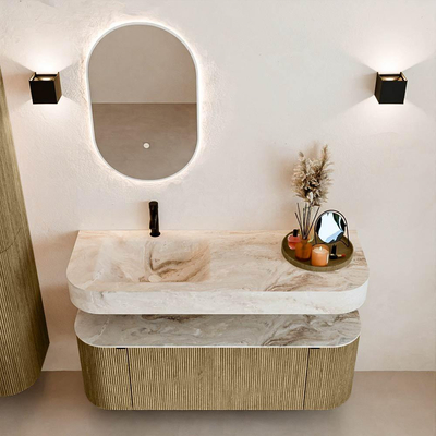 MONDIAZ THOR-DLUX 130cm meuble de salle de bains arrondi gauche + droite couleur Dusk avec 1 tiroir et 2 portes. Vasque suspendue CLOUD gauche 1 trou de robinet couleur Frappe.