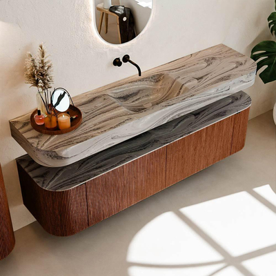 MONDIAZ THOR-DLUX Meuble de salle de bains 180cm arrondi gauche + droite couleur Ruby avec 2 tiroirs et 2 portes. Vasque suspendue CLOUD Milieu sans trou de robinet couleur Sombra.