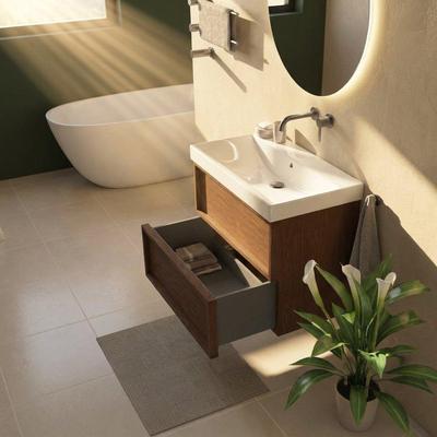 Saniclass Holz Frame Ensemble de meubles de salle de bains - 80x45x67.5cm - Wave lavabo en céramique - 1 vasque - sans trou de robinet - 2 tiroirs - mat walnut pure (bois)