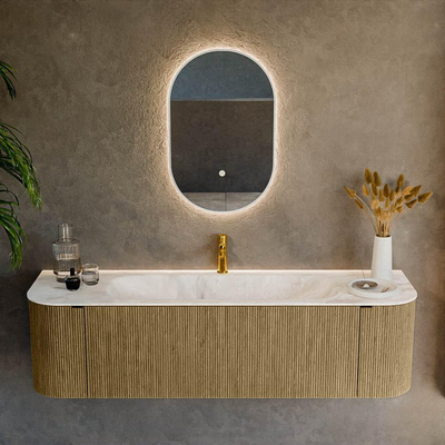 Mondiaz KURVE-DLUX Ensemble de meuble salle de bain - 160x46x40cm - 1 tiroir - 2 portes - lavabo en solid surface - milieu - 1 trou de robinet - Dusk