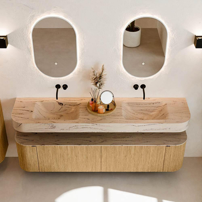 MONDIAZ THOR-DLUX 190cm badmeubel ronding links + rechts kleur Oak met 2 lades en 2 deuren. Vrijhangende wastafel CLOUD Dubbel zonder kraangat kleur Arena.