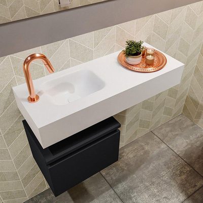 MONDIAZ ANDOR Meuble WC - 80x30x30cm - 1 trou de robinet - 1 tiroir - urban mat - lavabo à gauche - Solid surface - Blanc