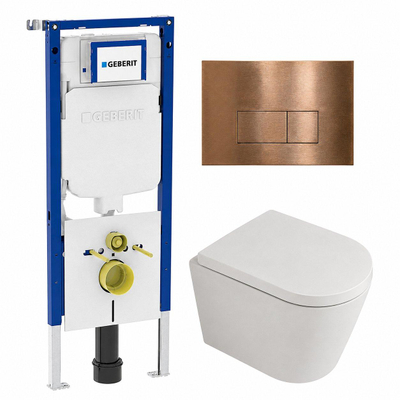 QeramiQ Dely Toiletset - 36.3x51.7cm - diepspoel - rimless - Geberit UP720 inbouwreservoir - softclose toilet zitting 35 mm - koperen bedieningsplaat - rechthoekige knoppen - mat wit