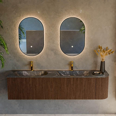 MONDIAZ KURVE-DLUX 175cm badmeubel met module 25 R kleur Walnut met 2 lades en 1 deur. Wastafel STOR SMALL dubbel / links 2 kraangaten kleur Lava.