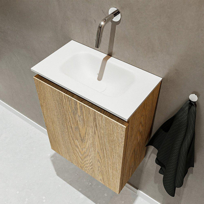 MONDIAZ TURE Kit lave-mains - 40x23x50cm - 0 trous de robinet - 1 porte - chêne blanchi mat - Lavabo centré - Solid Surface Blanc