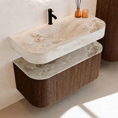 MONDIAZ THOR-DLUX 100cm badmeubel ronding links + rechts kleur Walnut met 1 lade en 2 deuren. Vrijhangende wastafel CLOUD Midden 1 kraangat kleur Frappe.