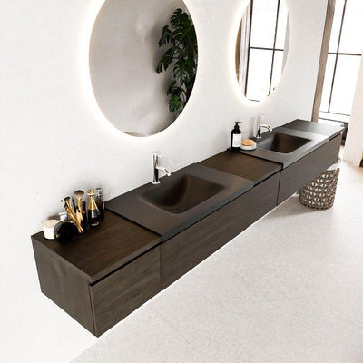 MONDIAZ BUKLA 280cm badmeubel met module 40 kleur Dark Brown met 5 lades. Wastafel CLOUD dubbel 2 kraangaten kleur Urban.