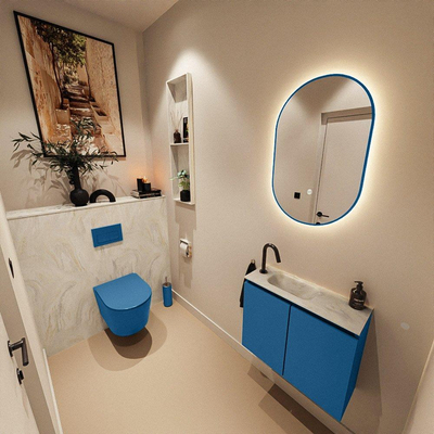 MONDIAZ TURE-DLUX Meuble toilette - 60cm - Jeans - EDEN - vasque Ostra - position gauche - 1 trou de robinet