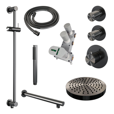 BRAUER Stripe Thermostatische Inbouw Regendouche - SET 07 - 25cm douchekop - rechte muurarm - staaf handdouche - doucheslang - geïntegreerde glijstang - gunmetal geborsteld PVD