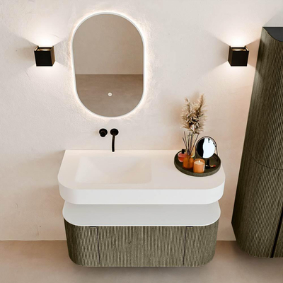 MONDIAZ THOR Meuble de salle de bains 110cm arrondi gauche + droite couleur Shadow avec 1 tiroir et 2 portes. Vasque suspendue CLOUD Gauche sans trou de robinet couleur Talc.