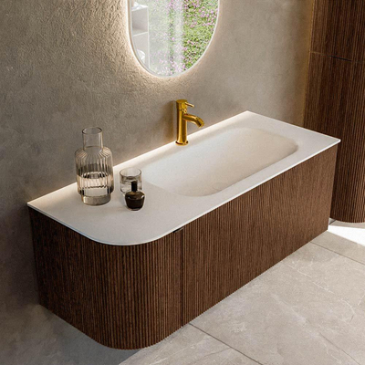 MONDIAZ KURVE 115cm badmeubel met module 25 L kleur Walnut met 1 lade en 1 deur. Wastafel BIG SMALL rechts 1 kraangat Talc.