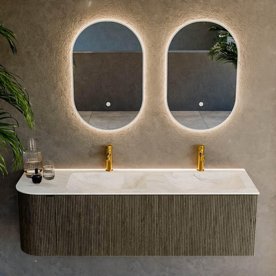 Mondiaz KURVE-DLUX Ensemble meuble de salle de bains - 145x46x40cm - 1 tiroir - 1 porte - lavabo solid surface - double / droite - 2 trous de robinet - Shadow