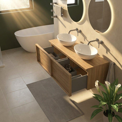 Saniclass Holz Frame Ensemble de meubles de salle de bains - 140x45x42cm - plan de travail en bois - sans trou de robinet - 2 tiroirs - chêne natural mat (bois)