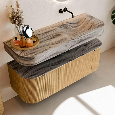 MONDIAZ THOR-DLUX 130cm badmeubel ronding links + rechts kleur Oak met 1 lade en 2 deuren. Vrijhangende wastafel CLOUD Rechts zonder kraangat kleur Sombra.