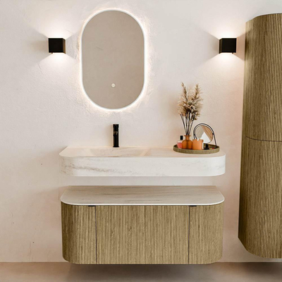 MONDIAZ THOR-DLUX 110cm meuble de salle de bains arrondi gauche + droite couleur Dusk avec 1 tiroir et 2 portes. Vasque suspendue CLOUD Gauche 1 trou de robinet couleur Meli.