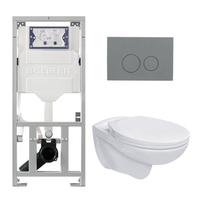 Adema Classico toiletset bestaande uit inbouwreservoir en toiletpot, basic toiletzitting en bedieningsplaat licht grijs - ronde knoppen - wit