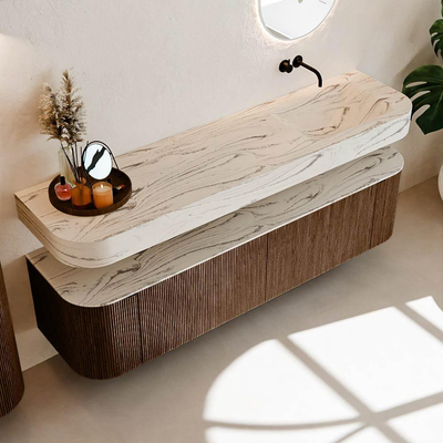 MONDIAZ THOR-DLUX 180cm meuble de salle de bains arrondi gauche + droite couleur Walnut avec 2 tiroirs et 2 portes. Vasque suspendue CLOUD Droite sans trou de robinet couleur Nata.