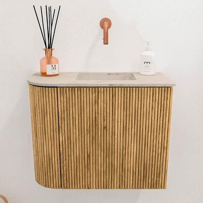 Mondiaz JOYA-DLUX 51.6cm toiletmeubel - ronding links kleur Oak - Wastafel FAYE positie Rechts Zonder kraangat kleur Frappe.