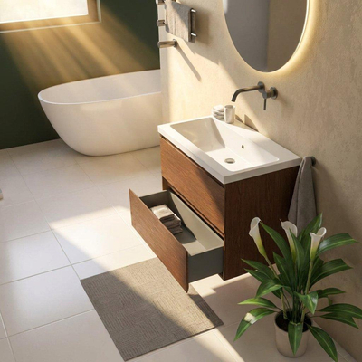 Saniclass Holz Pure Ensemble meuble de salle de bains - 80x45x63.5cm - Bari lavabo en céramique blanc - 1 vasque - sans trou de robinetterie - 2 tiroirs - mat walnut pure (bois)