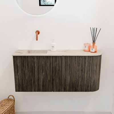 Mondiaz JOYA-DLUX 91.6cm toiletmeubel - ronding rechts kleur Shadow - Wastafel FAYE positie Links Zonder kraangat kleur Frappe.