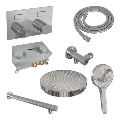 BRAUER Stripe Thermostatische Inbouw Regendouche - drukknoppen - SET 28 - 25cm douchekop - rechte muurarm - 3-standen handdouche - doucheslang - wandaansluitbocht - chroom