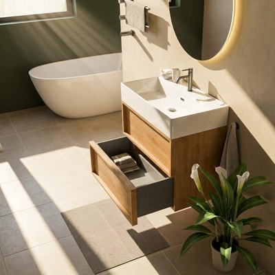 Saniclass Holz Frame Ensemble de meubles de salle de bains - 80x45x72cm - Lavabo Legend en céramique blanc - 1 vasque - 1 trou de robinet - 2 tiroirs - chêne natural mat (bois)
