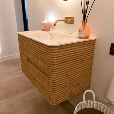 Mondiaz CIRO-DLUX Badkamermeubelset - 80x45x50cm - Solid surface wastafel Nata - 1 wasbak Midden - zonder kraangaten - 2 lades - Oak
