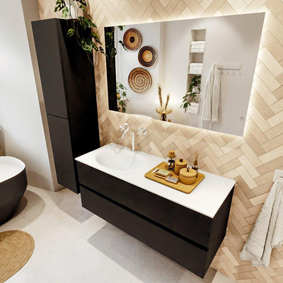 MONDIAZ VICA meuble sous lavabo 120cm Urban 2 tiroirs. Lavabo MOON gauche 1 trou de robinet, couleur Talc.