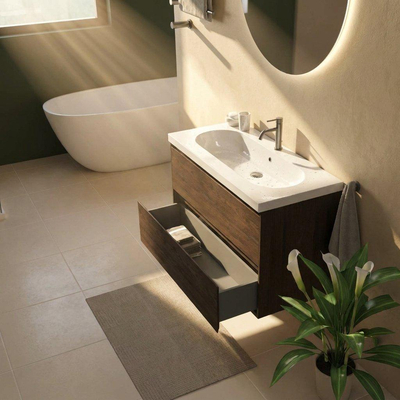 Saniclass Holz Pure Ensemble de meubles de salle de bains - 100x45x63.5cm - Lavabo en céramique Palermo blanc - 1 vasque - 1 trou de robinet - 2 tiroirs - chêne charcoal mat (bois)