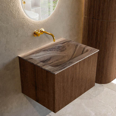 MONDIAZ KURVE-DLUX 60cm badmeubel kleur Walnut met 1 lade en 0 deuren. Wastafel CLOUD Midden zonder kraangat Sombra.