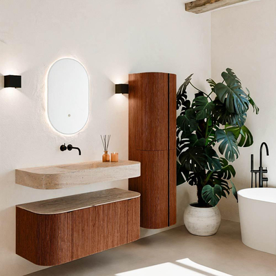 MONDIAZ THOR-DLUX 110cm meuble de salle de bains arrondi gauche + droite couleur Ruby avec 1 tiroir et 2 portes. Vasque suspendue CLOUD Milieu sans trou de robinet couleur Saba.