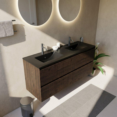 Saniclass Holz Atelier Ensemble meuble de salle de bains - 140x45x62cm - lavabo Vygo en céramique noir - 2 vasques - 2 trous de robinetterie - 4 tiroirs - chêne charcoal mat (bois)